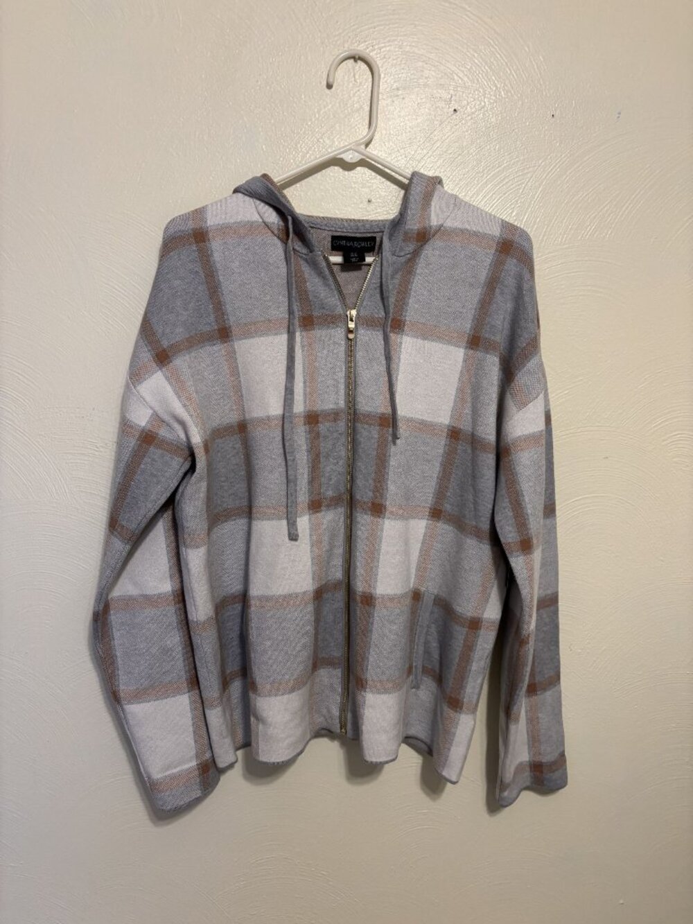 Cynthia Rowley Womens XL Plaid Hoodie Full-Zip Sweater Gray & Beige With Pockets